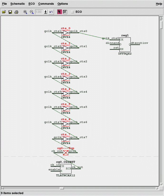 Clock buffer and inverter chain traced upstream from a flip-flop clock pin using Driver Until Non Buffer.
