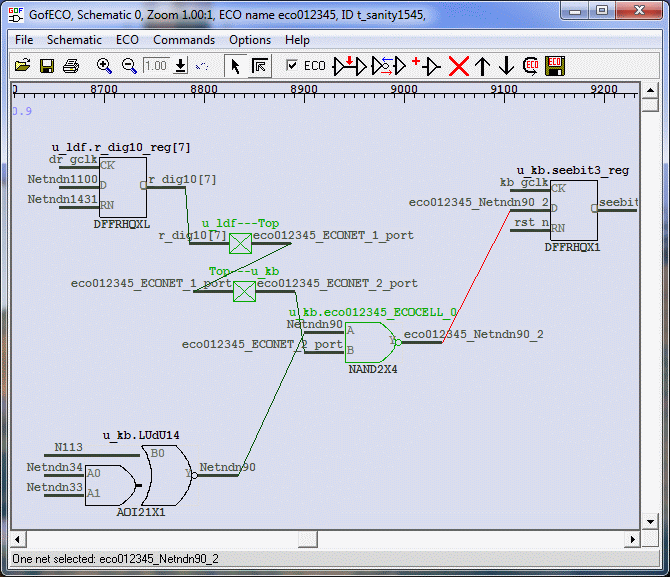GUI ECO schematic showing a newly inserted NAND gate and its input and output connections.