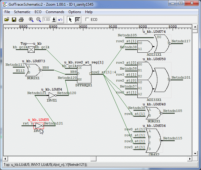 Schematic of a flip-flop with its input drivers and output loads expanded in GOF Debug.